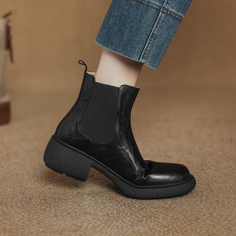 Krazing Pot Sheepskin Pleated Decoration Autumn Winter Shoes Chunky Heels Size 43 Size 42 Round Toe Slip on Retro Fashion Ankle Boots