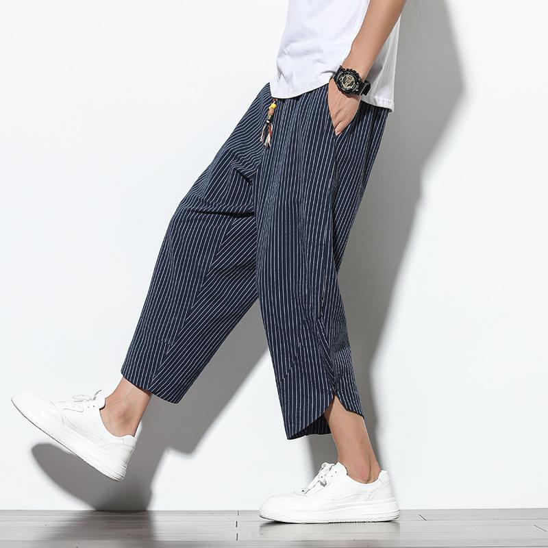 Summer Casual Men's Pants Harajuku Striped Baggy Pants Cotton Linen Wide Leg Harem Trousers for Men