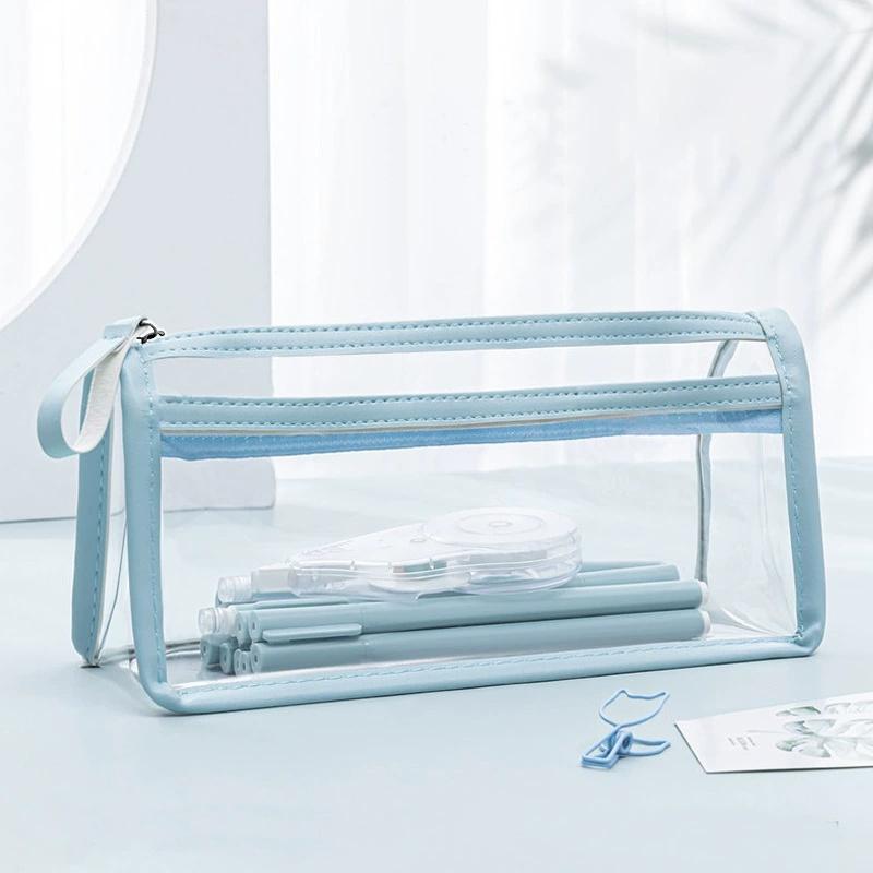 

2-layer Transparent Simple Pen Bag Large Capacity Pencil Case Student Cosmetic Stationery Zipper Storage Bag Office School Suppl синий