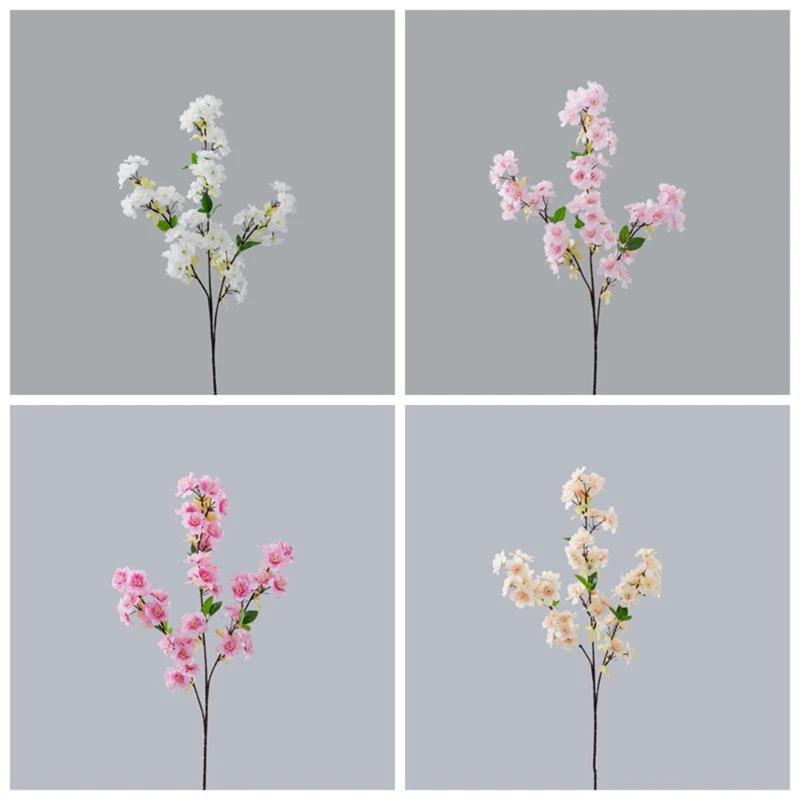Hotel Decor Artificial 3 Forks Cherries Blossoms Branch Silk Fake Flower Garden Decorated Pink Cherry Blossom Simulation Flowers