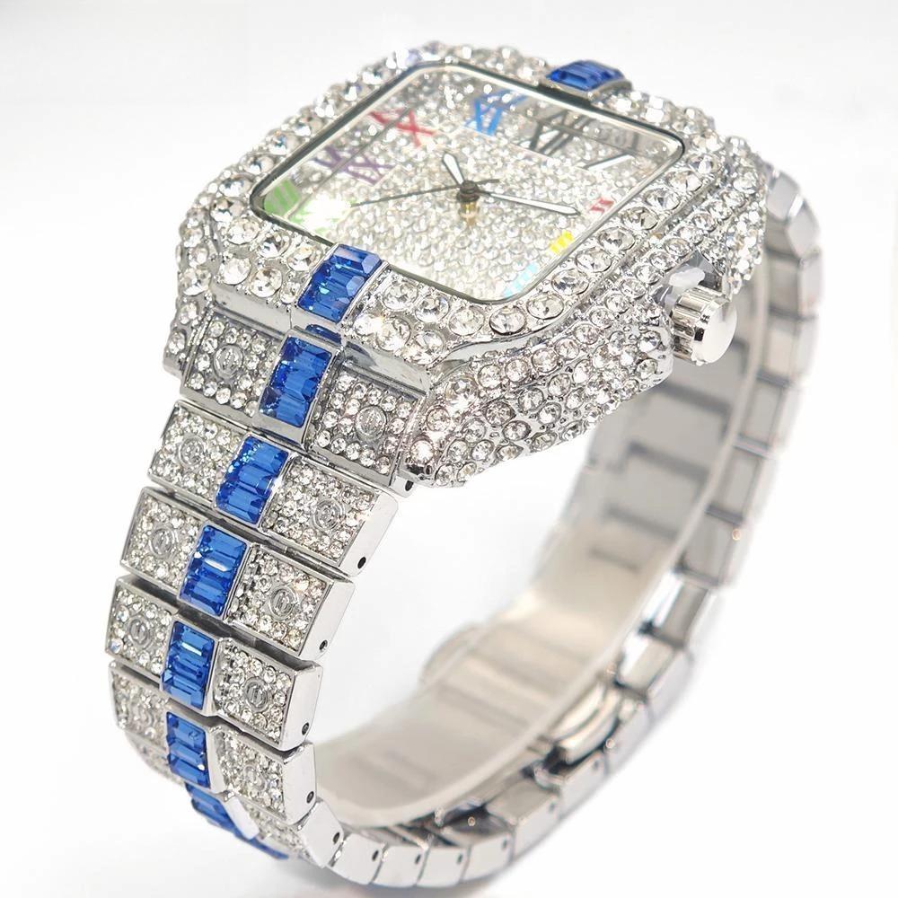 Men Quartz Watch Fashion Rainbow Digital Rome Dial Calendar Waterproof Hip Hop Diamond Wristwatch For Man Gift