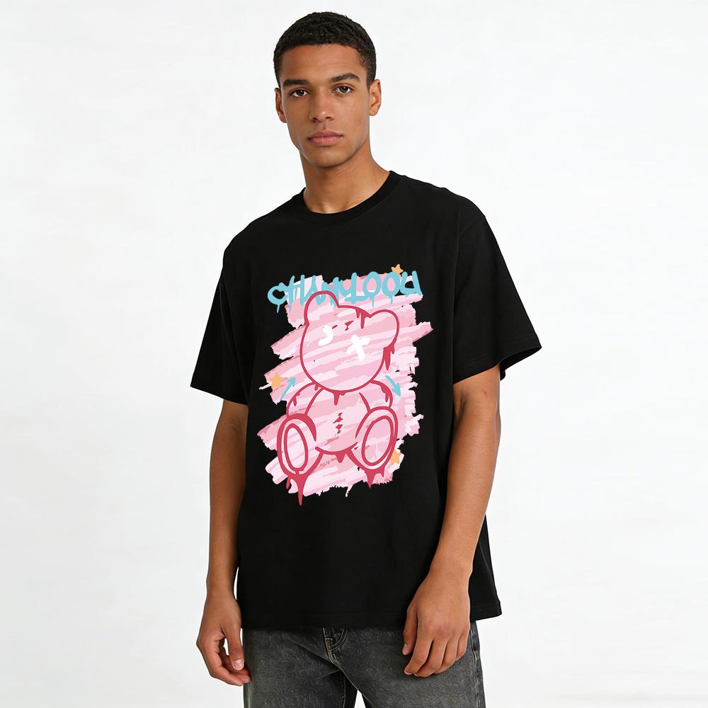 Street Style Smudged Bear Print T-shirt Unisex Cool Graffiti Loose Casual Versatile Top Pure cotton T-shirt