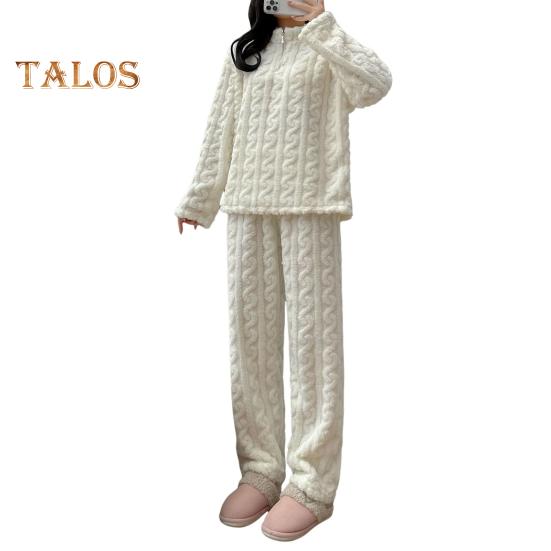 

Комплект из 2 предметов унисекс, зимняя пижама, воротник-стойка, однотонная застежка-молния, утолщенный коралловый флис, домашняя одежда, пальто, брюки, комплект, свободная домашняя одежда, ночная одежда белый