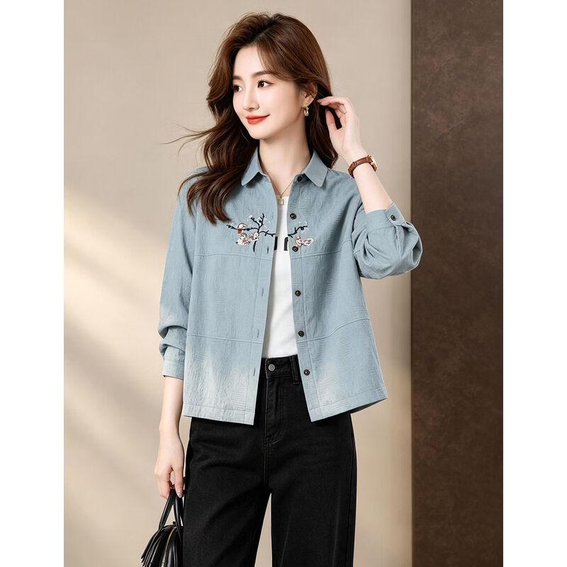 D.F.DEAR Women's Embroidered Floral Cotton Long-Sleeve Shirt