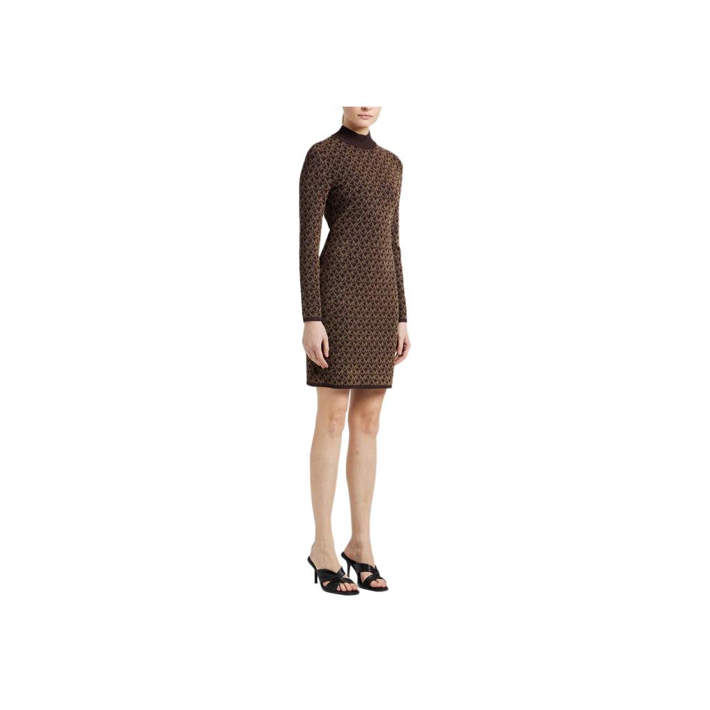 Michael Kors SS23 Allover Logo Jacquard Round Neck Knit Slim Fit Long Sleeve Dress Women dresses Chocolate MH180NV5KZ-201