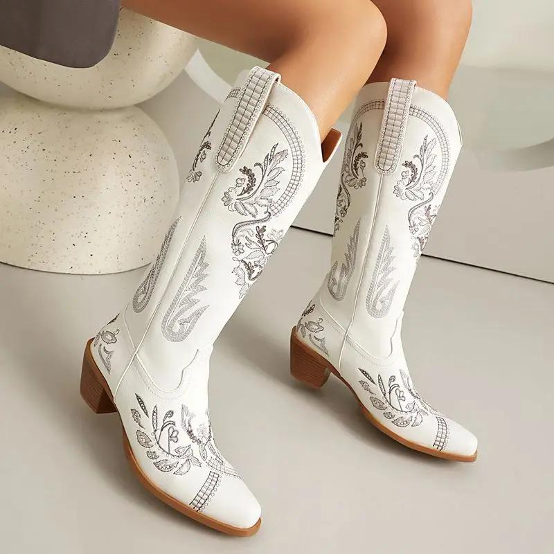 Fashion 2025 New Women Western Boots Square Toe Block Heels 5.5cm Slip on Embroidery Plus Size 43 Casual Knee High Bota