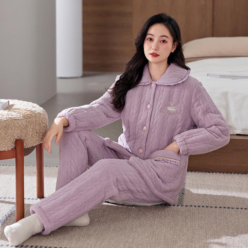 Winter Pajamas Women'S Thickened Fleece Coral Fleece Three-Layer Padded Cotton To Keep Warm, Winter Padded Jacket Set Flannel Loungewear