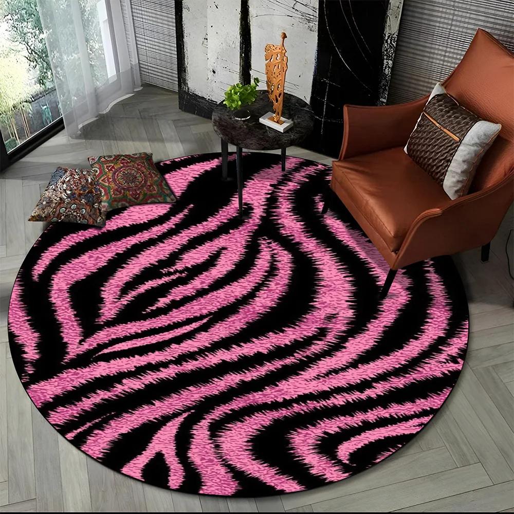 3D Barevný Pruhovaný Vzor Zebra Kulatý Koberec pro Obývací Pokoj, Ložnici, Dětský Herní Koutek Dekor, Protiskluzová Podložka do Zóny pro Domácí Mazlíčky
