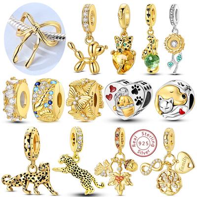 Copper Charms Gold Series Leopard Cat Dog Sunflower Butterfly Charm Bead Pendant Fit Original Bracelet Jewelry Gift