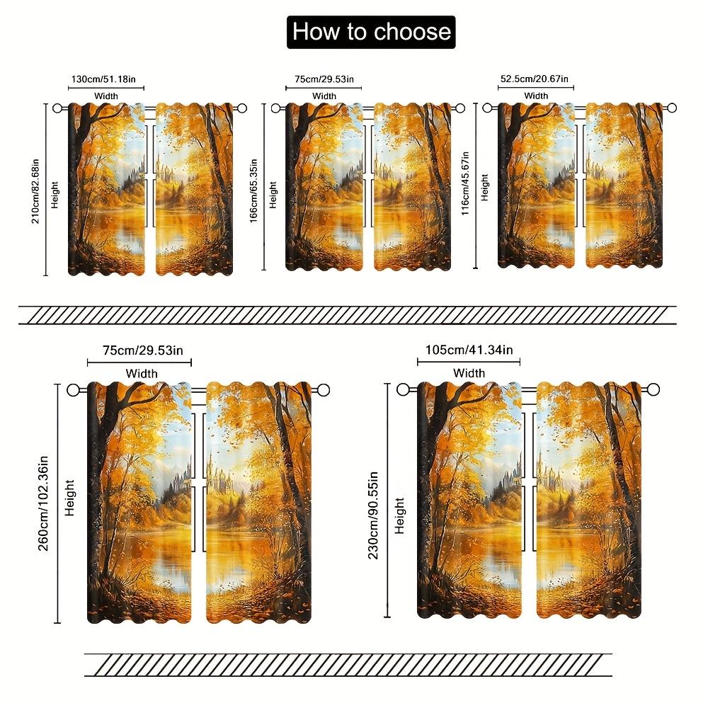 2pcs Autumn Maple Leaf & Cottage Scenery Curtains - 100% Polyester   Ginkgo Tree & Castle Print   Semi-Transparent   Machine Washab