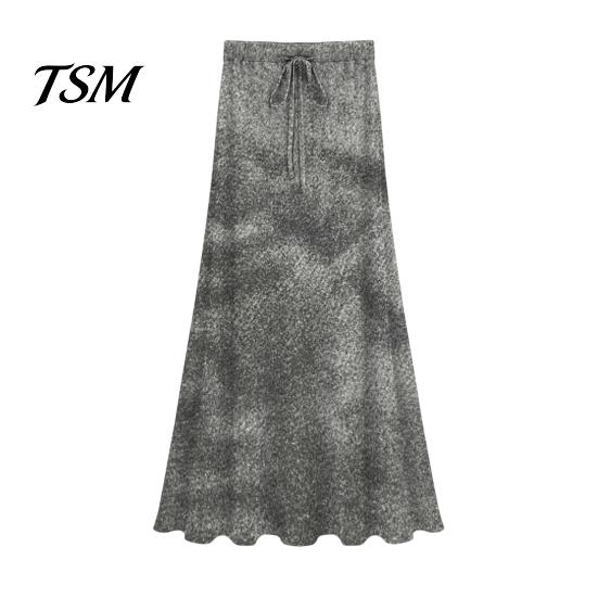Maxi Skirt Women Adjustable Drawstring High Waist Side Slit Long Large Hem Solid Color A-Line M темно-серого