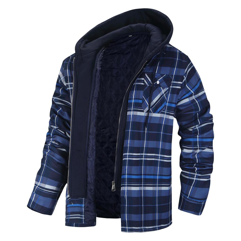 Men's Clothing European and American Autumn and Winter Thickened Cotton-padded Plaid Long-sleeved Loose Hooded Jacket
