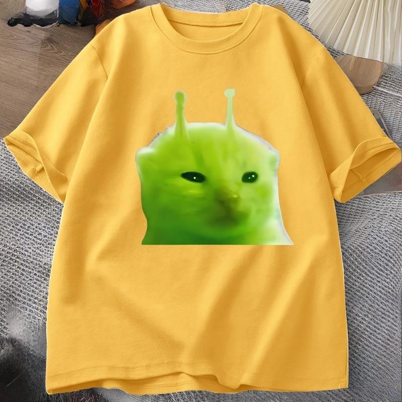 T-shirt Chat Alien Vert Femme Unisexe Chat Meme Tee Glorp Gnarp Cerveau de Chat T-shirt Mignon Rigolo Hauts Courts Manches Courtes en Coton Amples