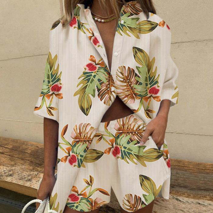 Two Piece Short Sets Women Summer Casual Print Short Sleeve Shirts 2 Piece Set Shorts Fashion Loose Office Shirts Suit Outfites