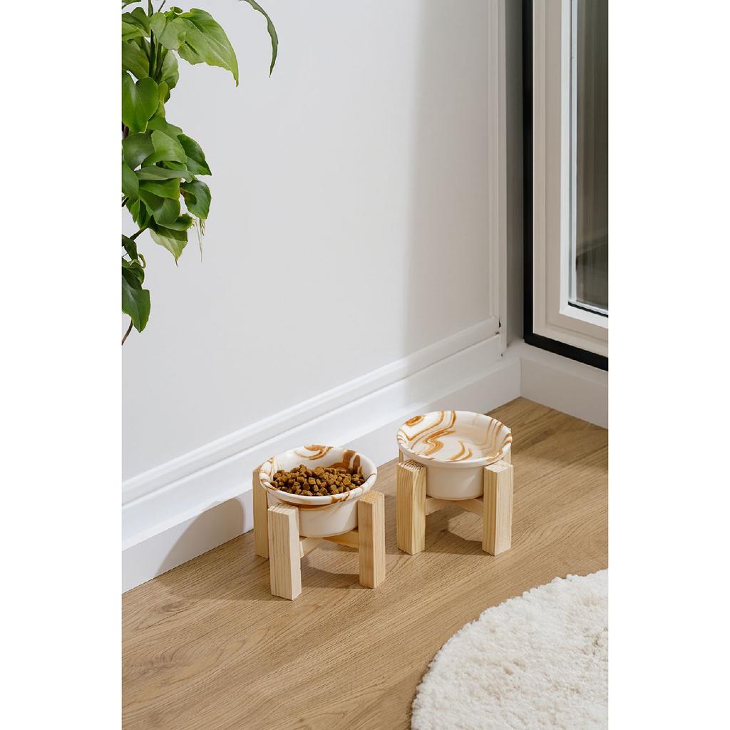 Ceramic Cat Dog Food And Water Bowl With Wooden Stand 2 Pieces Decorative Raised