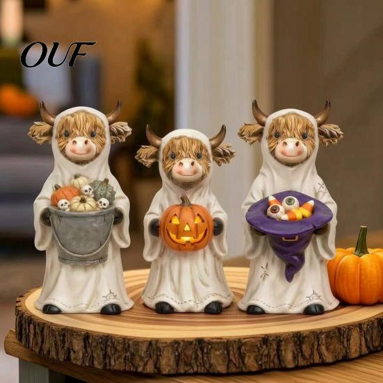 Halloween Highland Cattle Decor 3Pcs Ghost Cow Figurines, Resin Yak Statues with Pumpkin, Farmhouse Porch Garden Statuette Tabletop Ornaments