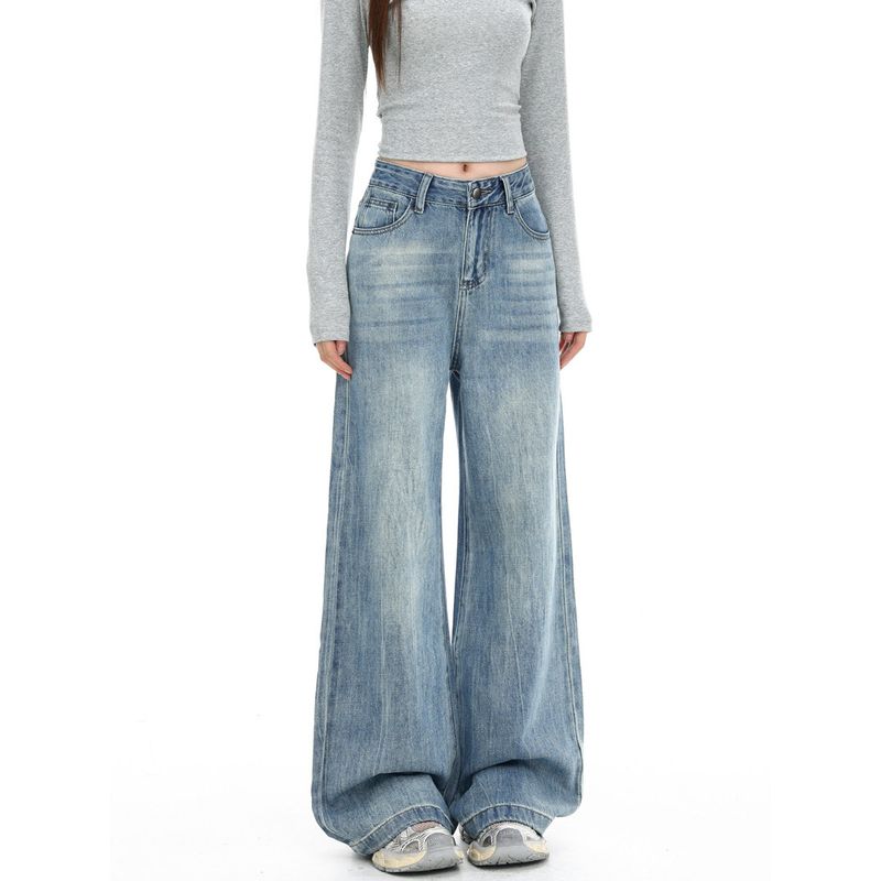 Plus-Size Vintage Wide-Leg Jeans for Women, Summer New High-Waisted Slimming Drape Loose Straight Pants for Plus-Size Women, Floor-Length Pants