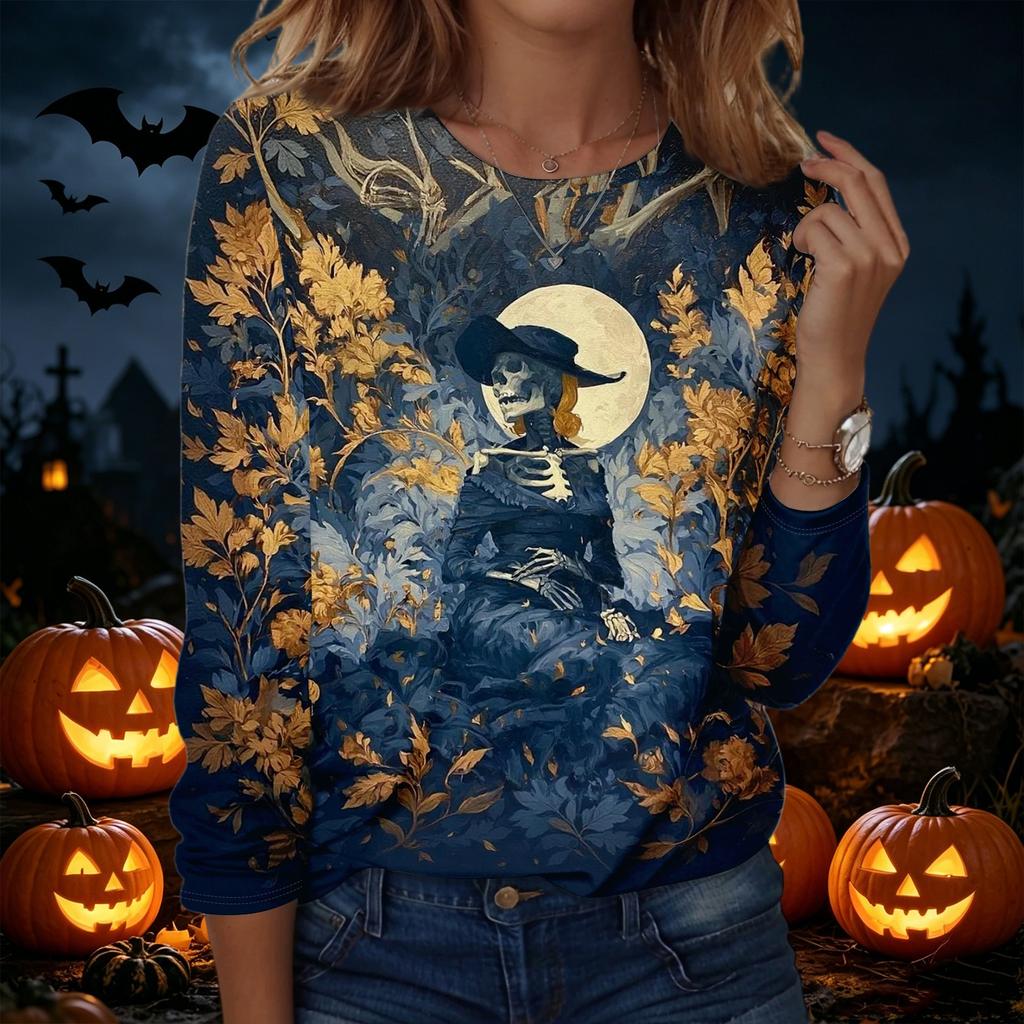Womens Halloween Printed Pullover Sweatshirt Long Sleeve Crewneck Top Casual Lightweight Pullover Shirt for Fall and Winter