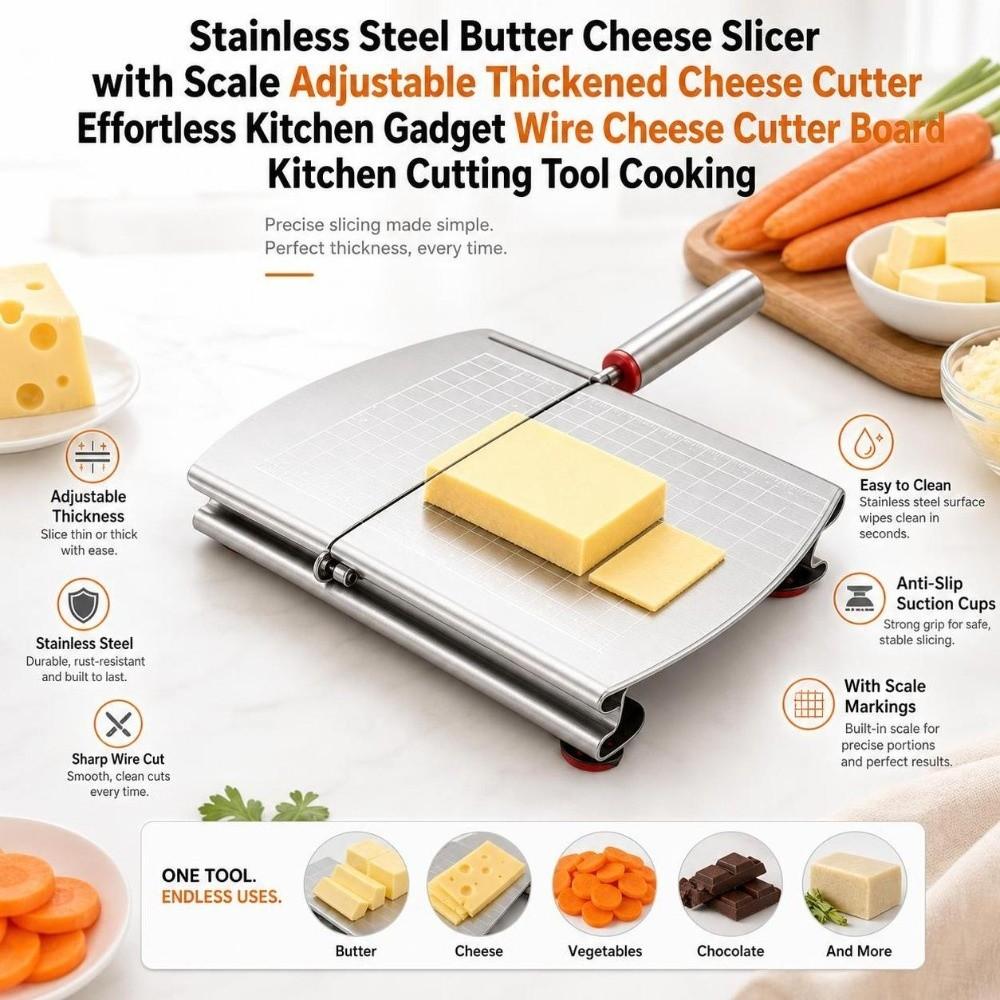 Stainless Steel Butter Cheese Slicer with Scale Effortless Wire Cheese Cutter Board Adjustable Kitchen Gadget
