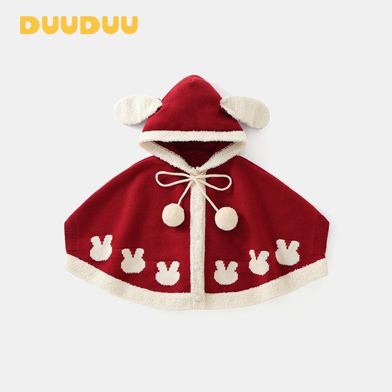 DUUDUU 2025 Красный Новогодний Вязаный Свитер-Пальто и Накидка для Маленьких Девочек 80 cm