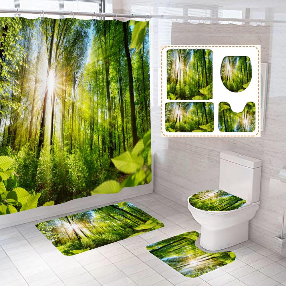 Wasserfall Landschaft Druck Duschvorhang Wald Szenerie Wasserdichte Badezimmer Vorhänge Heimdekoration Rutschfeste Teppiche Duschvorleger Set