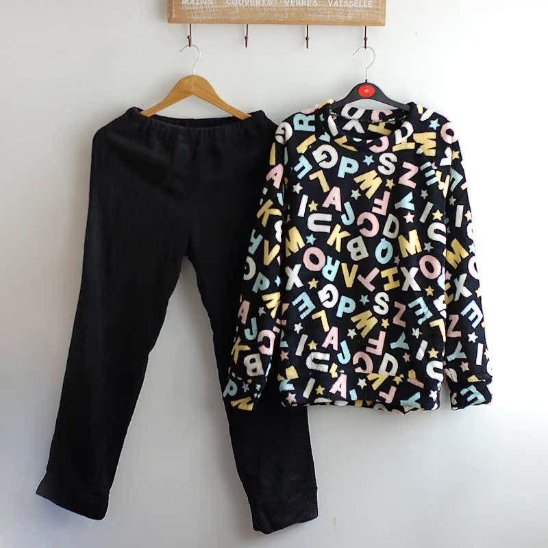

Women s Autumn and Winter Thick Coral Fleece round Neck Pullover Long Sleeves Pajamas Warm Loungewear Suit Black letters L