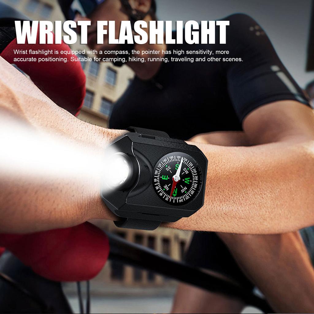 Wrist Flashlight Waterproof Rechargeable 5 Modes Watch Flashlight with Compass for Camping Hiking Travel