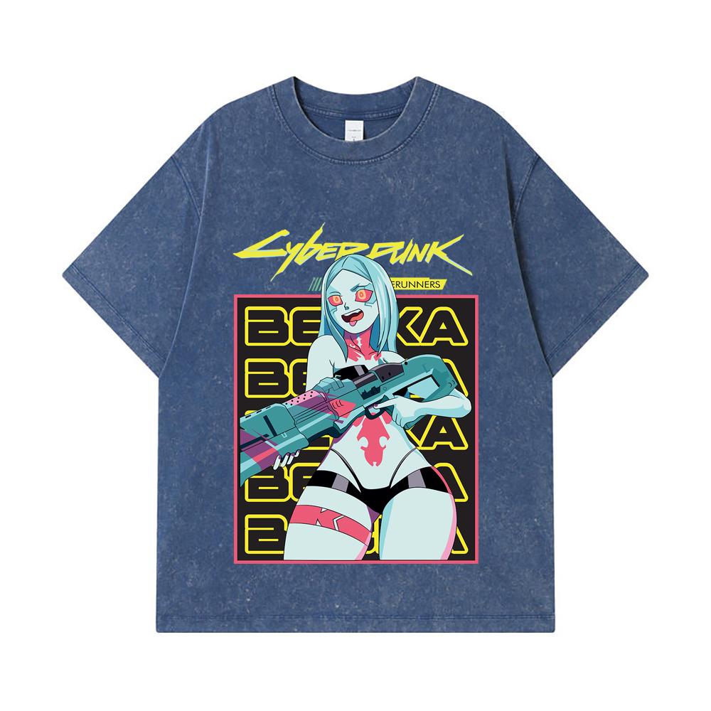 

275 GSM Washed T-shirts 100% Cotton Cyberpunk Edgerunners V3 Rebecca Print Unisex Heavy Cotton T Shirt 2XL королівський синій колір