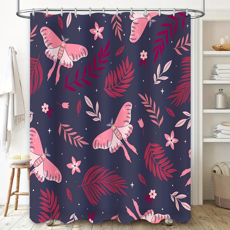 Fashionable Shower Curtain With Pink Moth Pattern For Bathroom Decor Waterproof Fabric Shower Cloths Flowers Home Decor