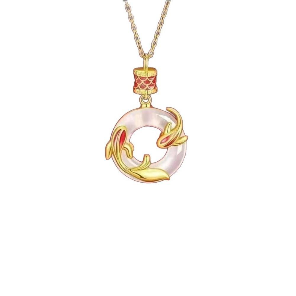 Hollow Round Koi Peace Buckle Necklace Chinese Style Lucky Pendant Gift for Women