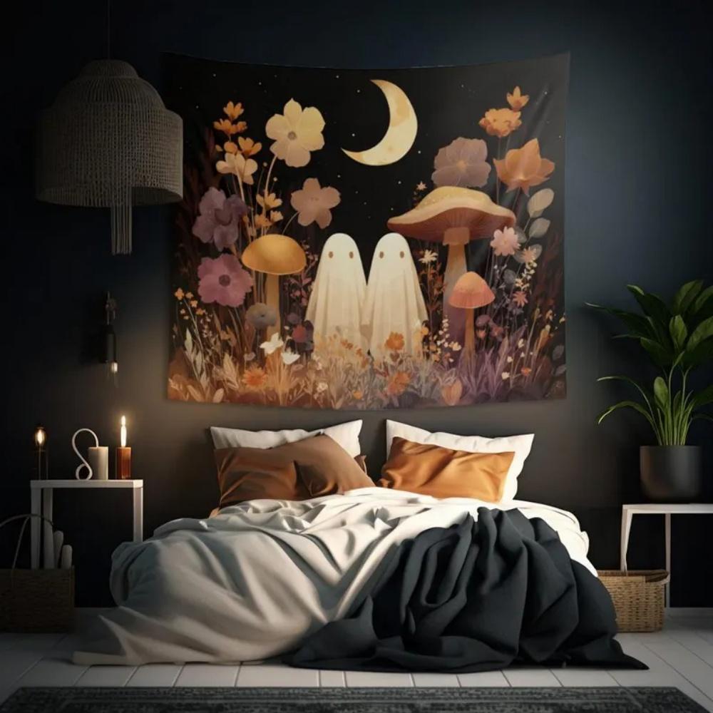 Ghost Garden Whimsy Tapestry With Cute Ghosts Mushrooms Crescent Moon Cottagecore Halloween Wall Art for Witchy Decor