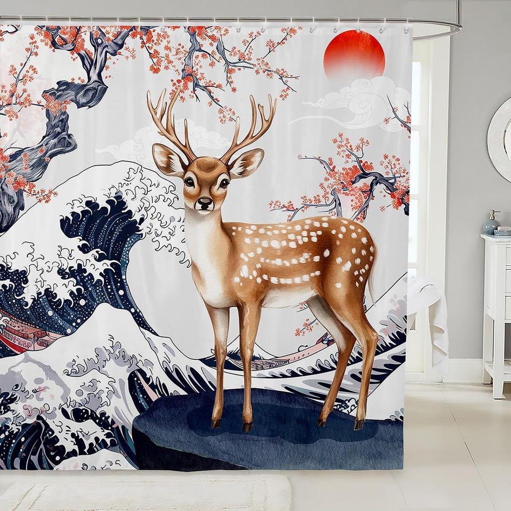 Cartoon Lion Shower Curtain for Kids Boys Girls Japanese Style Waterproof Bathroom Curtain, Vintage Ukiyoe Bath Curtain Ocean