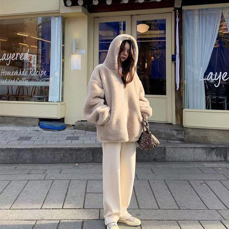 Women's Mid-Length Hooded Coat 2025: Plush Double-Sided Furry Imitation Lambswool for Winter