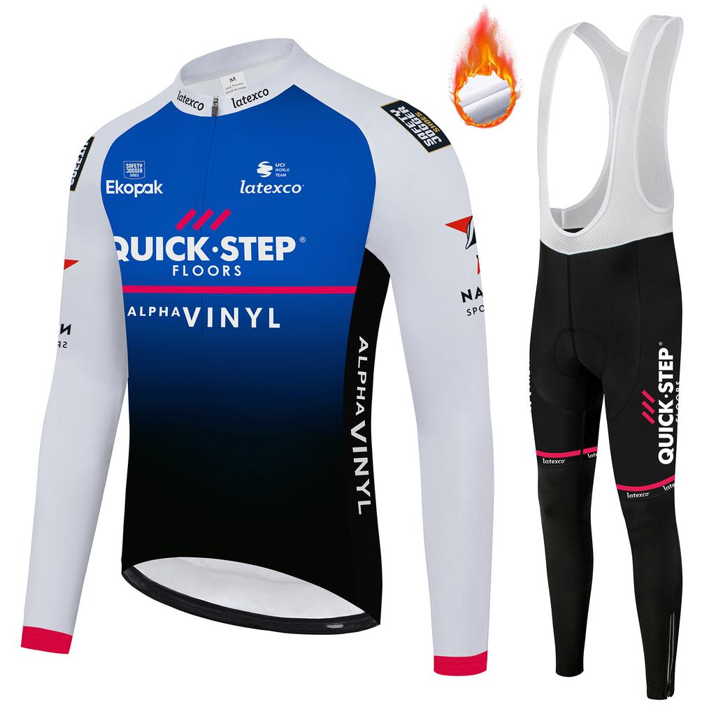 Team Men's Fleece Cycling Jersey Suit Set Warm Fleece Long Sleeved Overalls and Long Pants Winter Cycling Sportswear