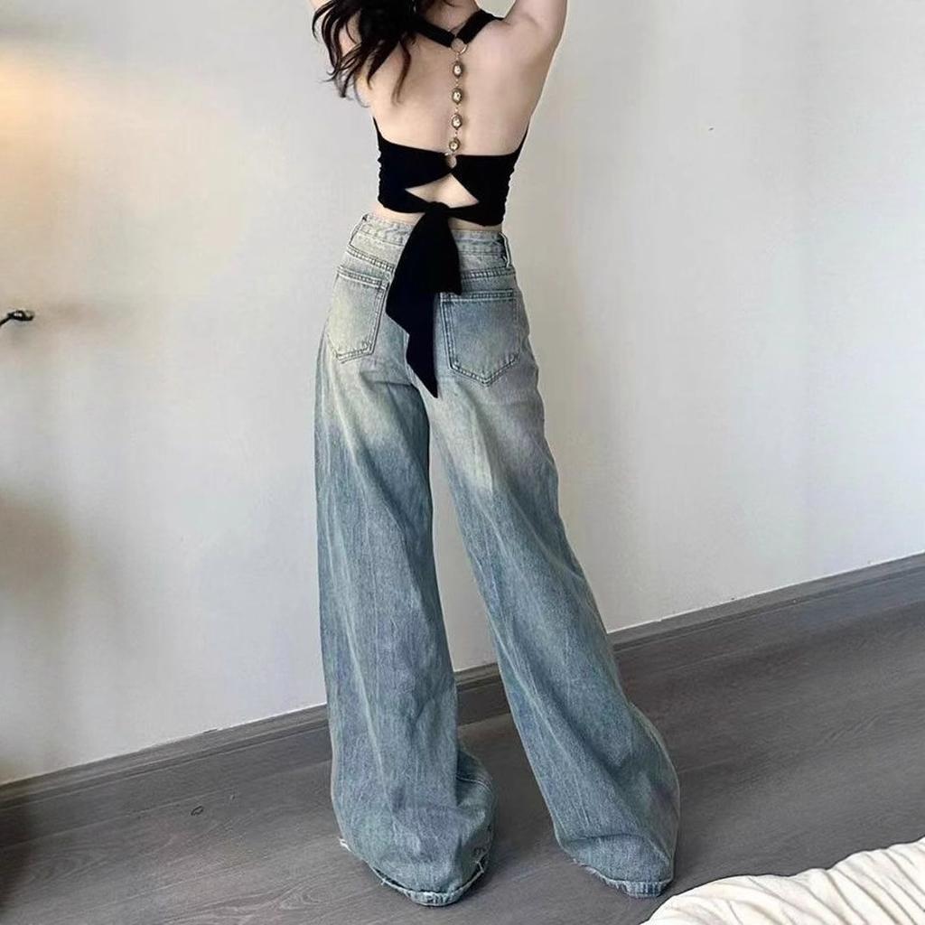 Wearable Micro-large Denim Wide-legged Trousers Women's Large Size Design Sense Blue High-waisted Loose Straight Trailing Long Trousers Denim Pants