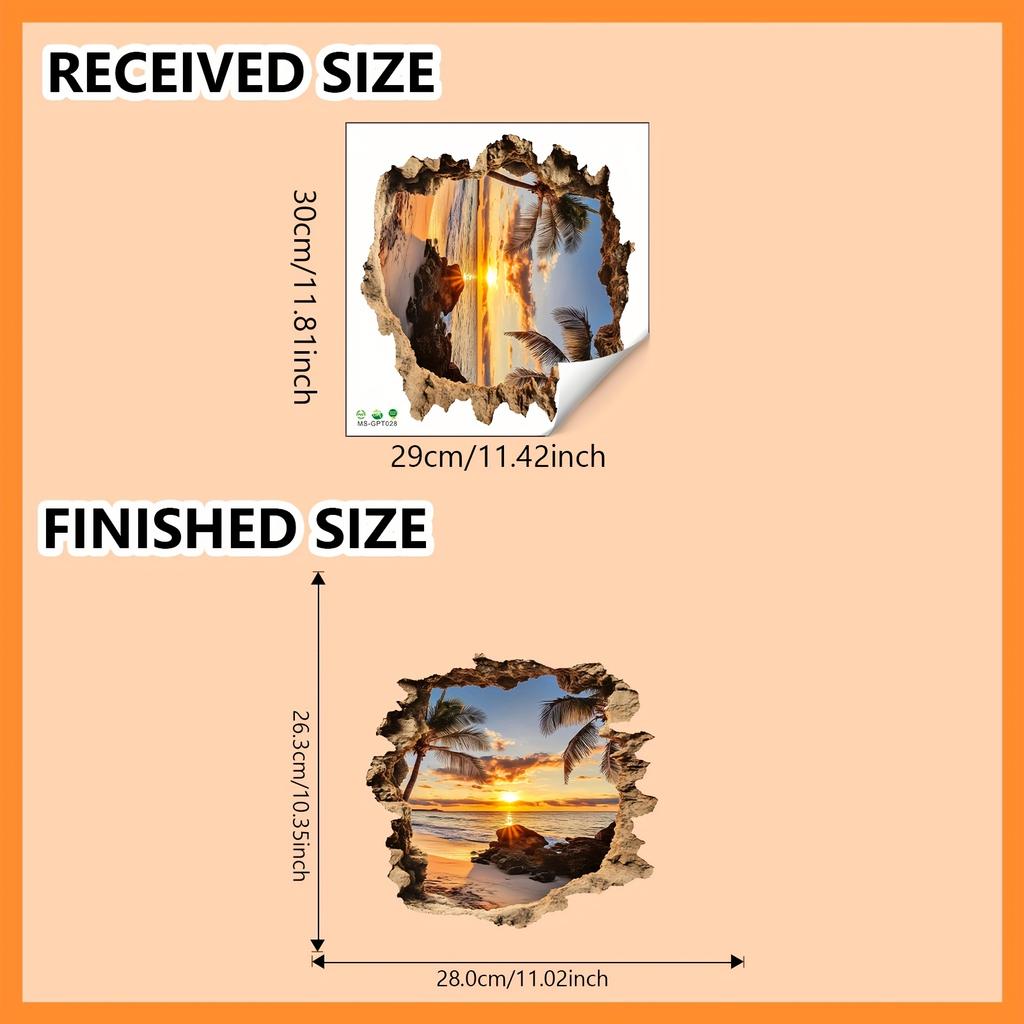 3D Break Through The Wall Beach Ocean Landscape Wall Decal Lifelike Wall Sticker PVC Irregular Shape Mural Background Wall Decor