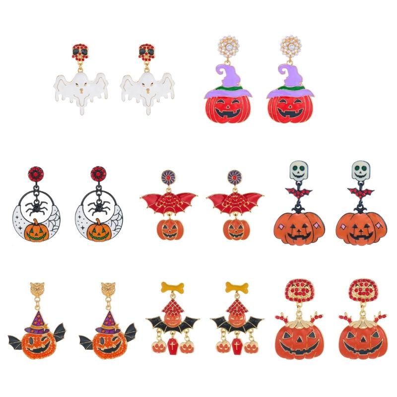 Halloween Party Earrings, Stud Top Drop Pair with Enamel Style Finish for Photo Looks, Fall Gatherings, and Dress Up