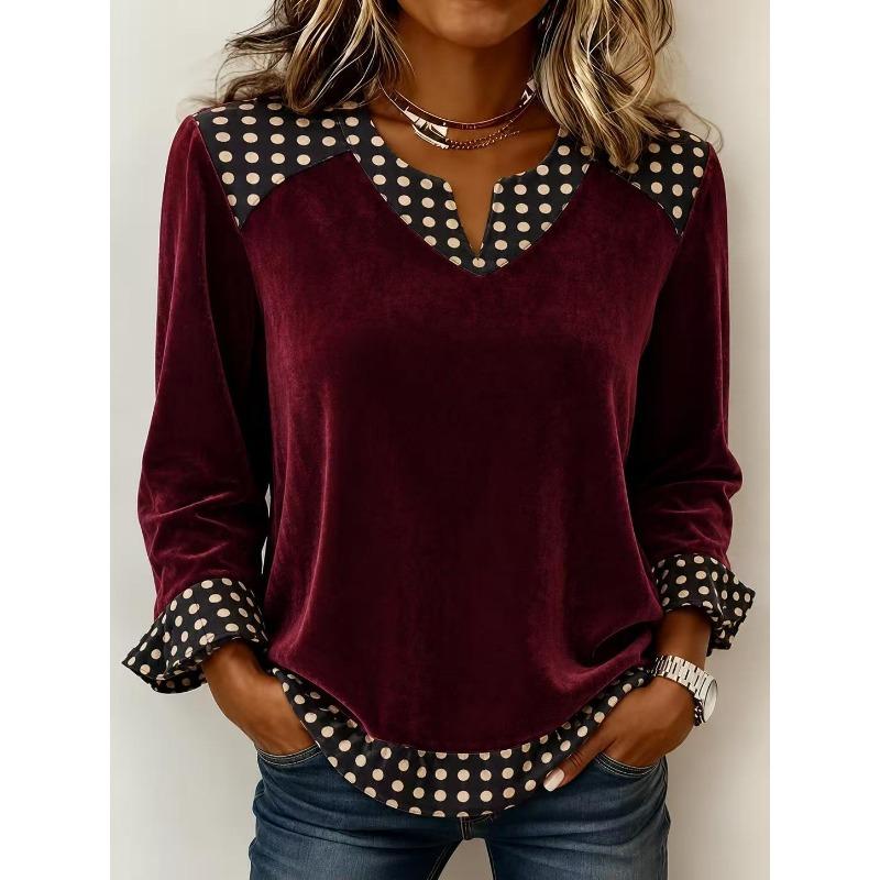 Plus Size Women V Neck Long Sleeve Polka Dot Patchwork Casual Sweatshirt