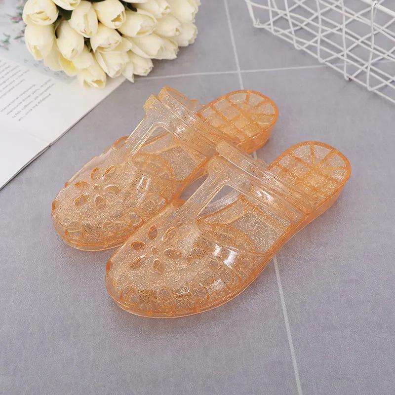 Dámské ležérní T-páskové křišťálové želé sandály Letní uzavřená kulatá špička Kotníkový pásek Plážové boty Průhledné třpytivé ploché pantofle pro ženy Nazouvací pantofle