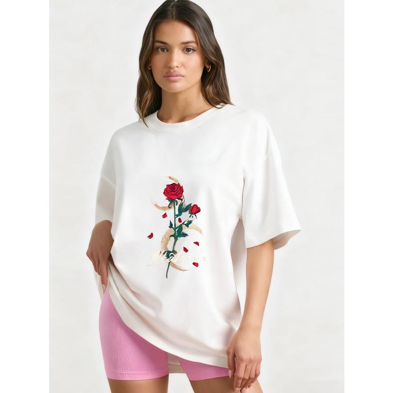 Oversized T Shirt Black Rose Moon Pattern Whatever Text Print Casual Streetwear Fashion Top Women Summer Wear