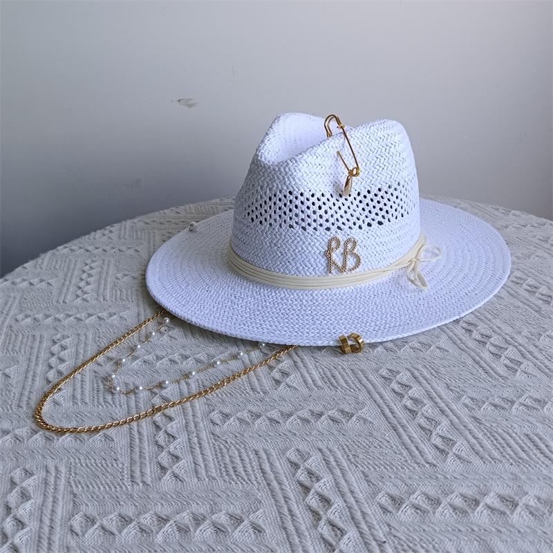 

Panama hat hollow series summer women s hat pearl chain sun protection beach hat women s summer jazz hat trend Panama hat 56-58cm
