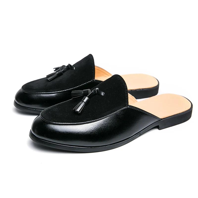 Men Summer Leather Mule Slides Breathable Open-Back Loafers for Casual Wear Anti-Slip Comfortable Slip-On Shoe with Toe Coverage