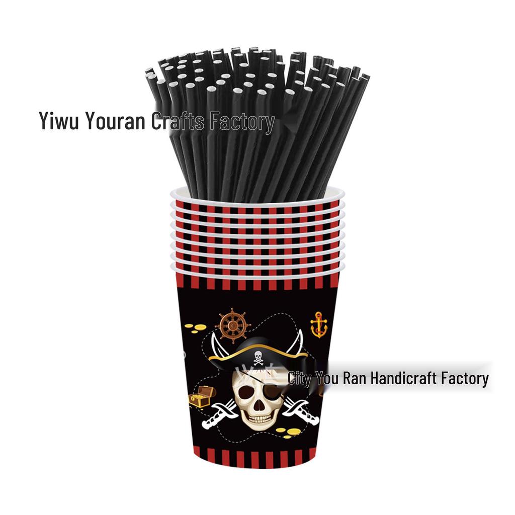 Children's Pirate Party Set: Red & Black Skull Plates, Tablecloth, Napkins