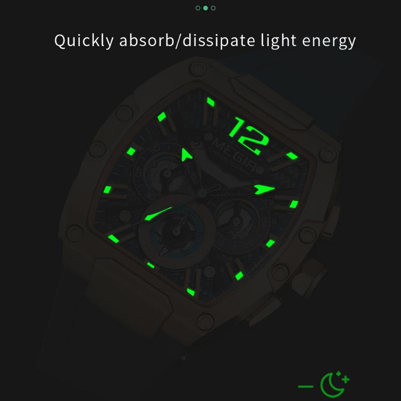 MEGIR Tonneau Fashion Men's Quartz Watches Brand Waterproof Chronograph Sports Wristwatch Silicone Strap Auto Date