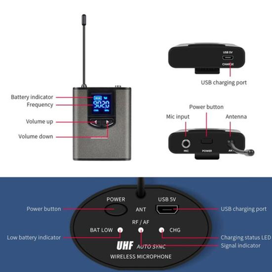 Přenosný klopový/náhlavní mikrofon UHF bezdrátový mikrofonní přijímač s přijímačem