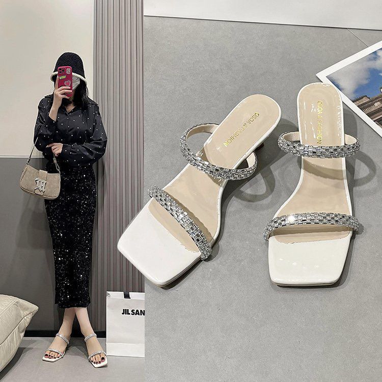 French Temperament Rhinestone Cool Slippers Square Head Thick Heel with High Heel Slippers Fairy Shoes 2025 Summer New