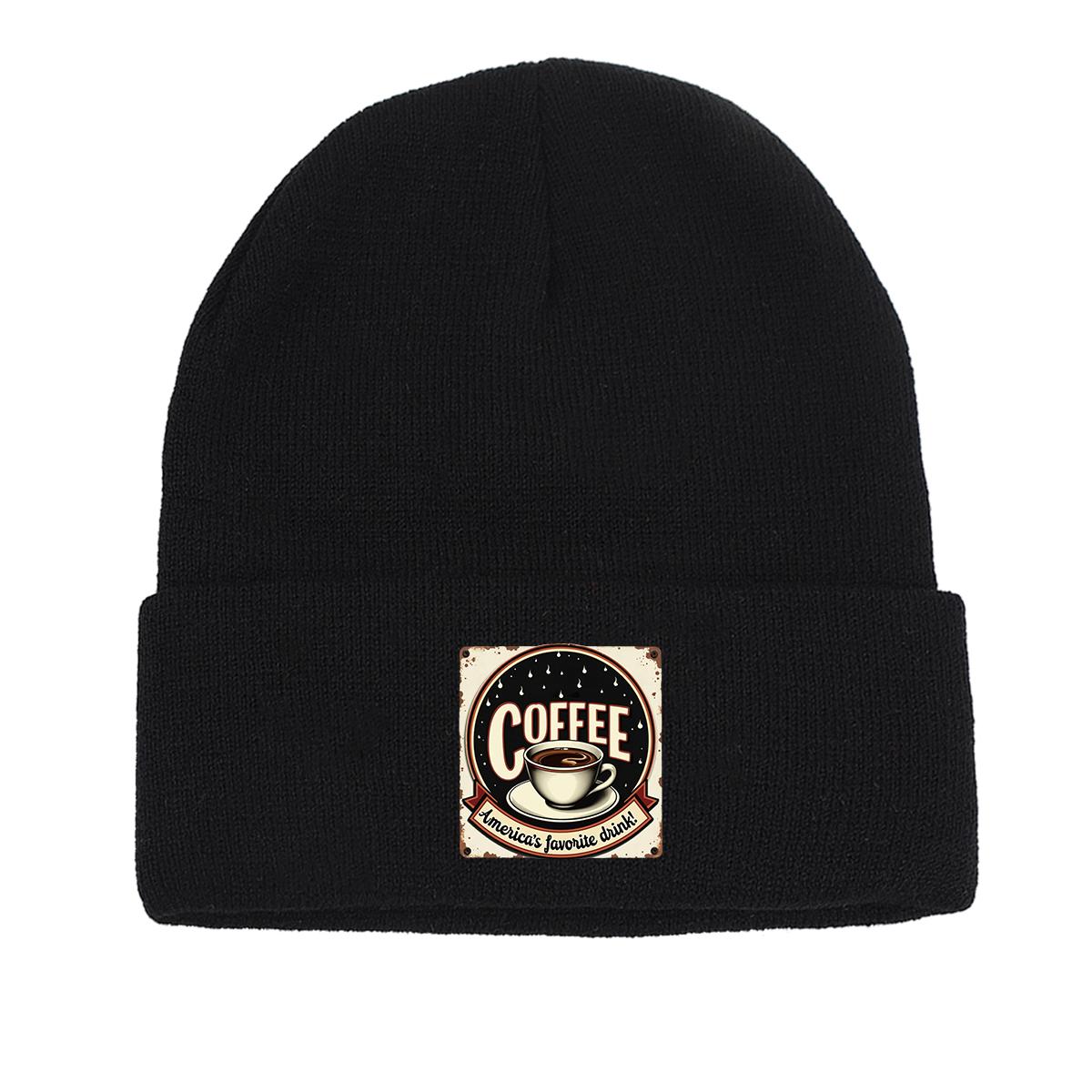 

COFFEE Series Print Knitted Cap Beanie, Slouchy Leisure Knit Hat Beanie as the picture чёрный
