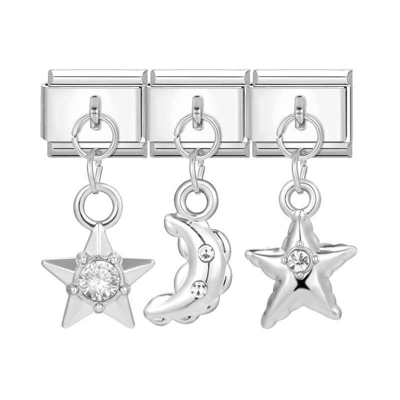 Y2K 3PCS Colorful Crystal Zircon Pendant Moon Star Bow Italian Charm Links Stainless Steel Fit 9mm Bracelet Jewelry DIY Making