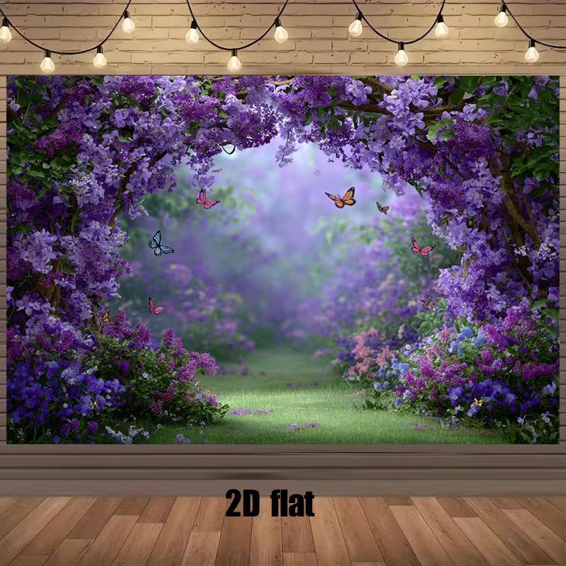 2D Printed Lilac Garden Backdrop Purple Flower Arch & Butterflies Background Cloth 47.2x31.5inch/120*80cm
