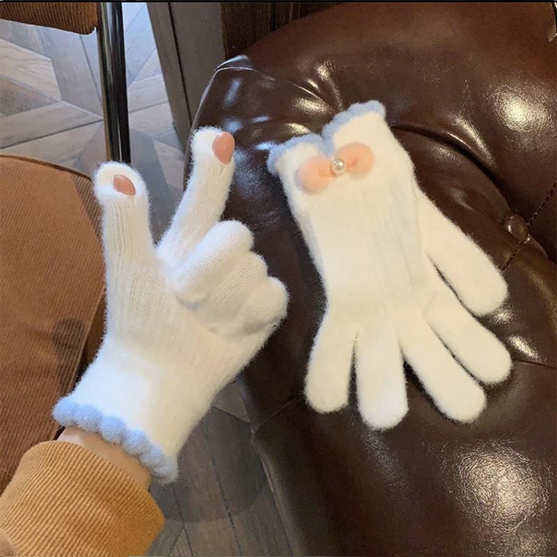 

Милые перчатки с бантом для женщин, модель с сенсорным экраном и теплыми пятью пальцами белый